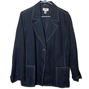 Talbots Irish Linen Blazer Women 16 Navy Contrast Stitch Jacket